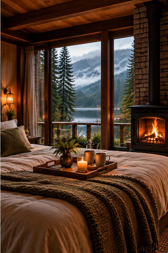 A quiet bedroom with a lake view and fireside warmth