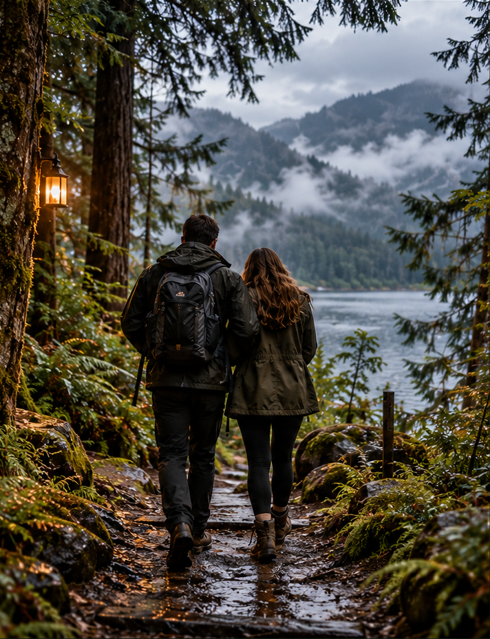 A couple walking a forest trail beside the lake