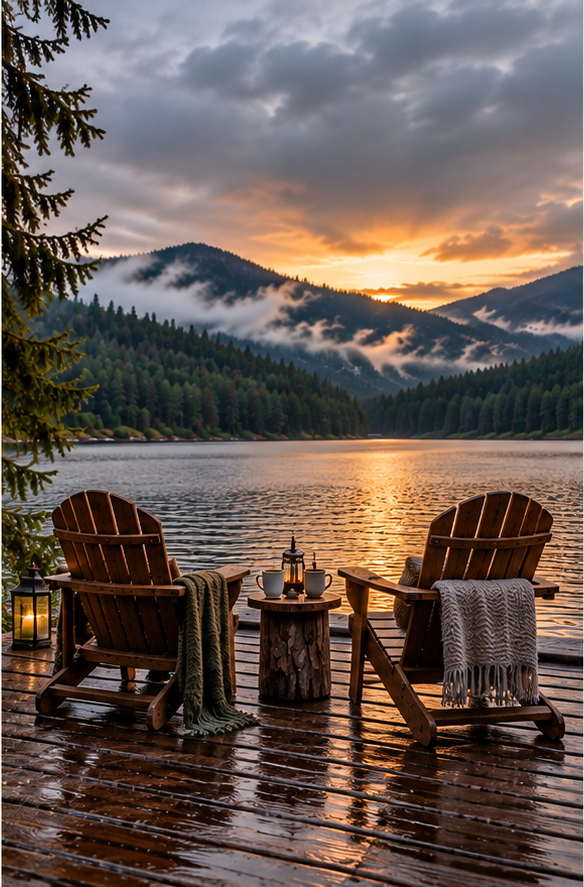Two chairs facing the lake at sunset