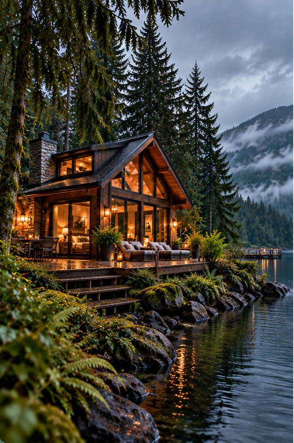 Private lakeside cabin tucked among forest trees
